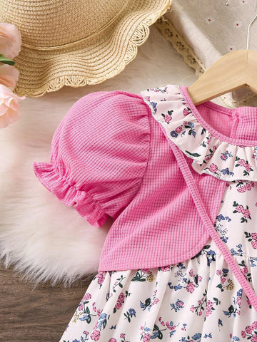 Kids CHARMNG Young Girl's 3d Flower Decoration Puff Short Sleeve 2-In-1 Dress