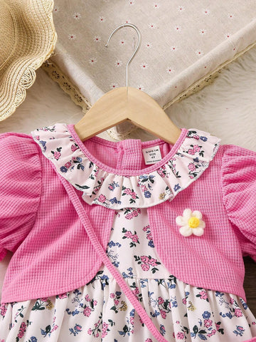 Kids CHARMNG Young Girl's 3d Flower Decoration Puff Short Sleeve 2-In-1 Dress