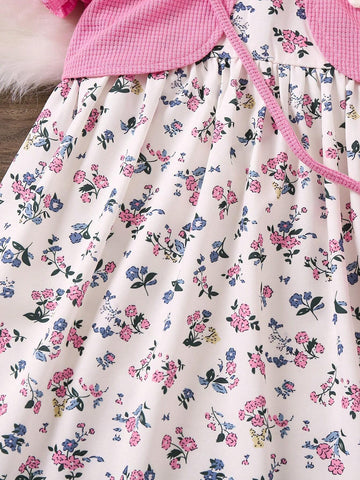 Kids CHARMNG Young Girl's 3d Flower Decoration Puff Short Sleeve 2-In-1 Dress