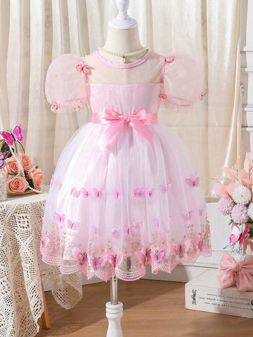Kids CHARMNG Young Girl's Butterfly Applique Mesh Spliced Puff Sleeve Dress