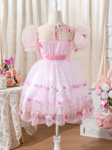 Kids CHARMNG Young Girl's Butterfly Applique Mesh Spliced Puff Sleeve Dress