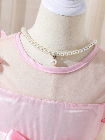 Kids CHARMNG Young Girl's Butterfly Applique Mesh Spliced Puff Sleeve Dress