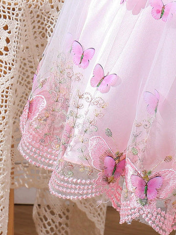Kids CHARMNG Young Girl's Butterfly Applique Mesh Spliced Puff Sleeve Dress