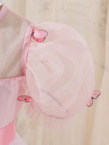 Kids CHARMNG Young Girl's Butterfly Applique Mesh Spliced Puff Sleeve Dress