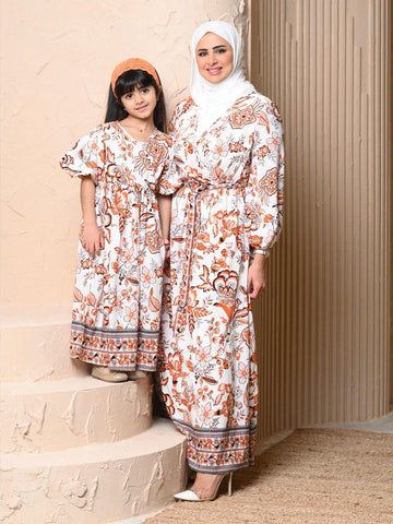 Kids CHARMNG Young Girls' Cross V-Neck Lantern Sleeve Vintage Floral Print Dress, Mommy And Me Matching Outfits (2 Separated Pieces)