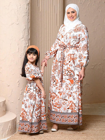 Kids CHARMNG Young Girls' Cross V-Neck Lantern Sleeve Vintage Floral Print Dress, Mommy And Me Matching Outfits (2 Separated Pieces)