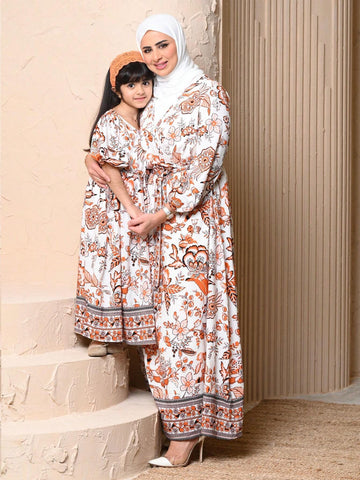 Kids CHARMNG Young Girls' Cross V-Neck Lantern Sleeve Vintage Floral Print Dress, Mommy And Me Matching Outfits (2 Separated Pieces)