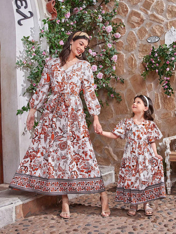 Kids CHARMNG Young Girls' Cross V-Neck Lantern Sleeve Vintage Floral Print Dress, Mommy And Me Matching Outfits (2 Separated Pieces)
