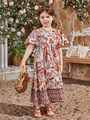 Kids CHARMNG Young Girls' Cross V-Neck Lantern Sleeve Vintage Floral Print Dress, Mommy And Me Matching Outfits (2 Separated Pieces)