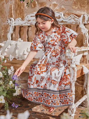 Kids CHARMNG Young Girls' Cross V-Neck Lantern Sleeve Vintage Floral Print Dress, Mommy And Me Matching Outfits (2 Separated Pieces)