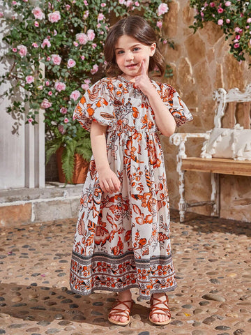 Kids CHARMNG Young Girls' Cross V-Neck Lantern Sleeve Vintage Floral Print Dress, Mommy And Me Matching Outfits (2 Separated Pieces)