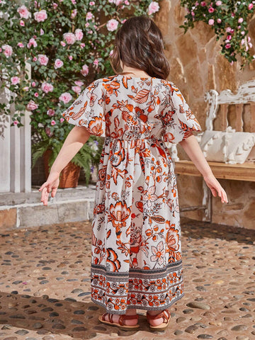 Kids CHARMNG Young Girls' Cross V-Neck Lantern Sleeve Vintage Floral Print Dress, Mommy And Me Matching Outfits (2 Separated Pieces)