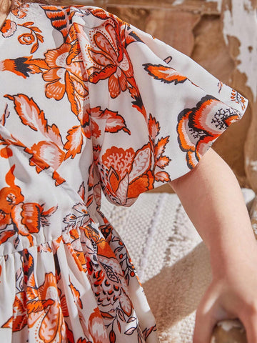 Kids CHARMNG Young Girls' Cross V-Neck Lantern Sleeve Vintage Floral Print Dress, Mommy And Me Matching Outfits (2 Separated Pieces)