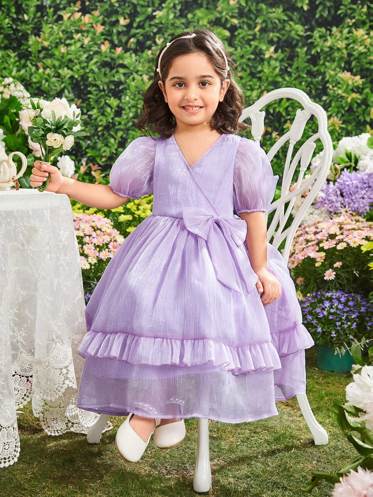 Kids CHARMNG Young Girl's Crossed-Neckline Puff Sleeve Dress With Bow Decorations