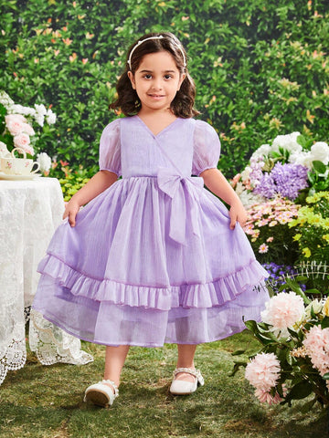 Kids CHARMNG Young Girl's Crossed-Neckline Puff Sleeve Dress With Bow Decorations