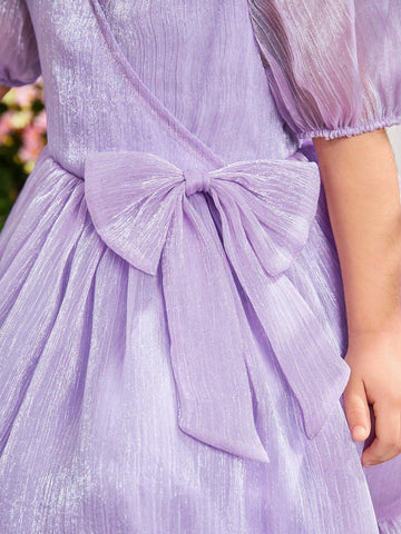 Kids CHARMNG Young Girl's Crossed-Neckline Puff Sleeve Dress With Bow Decorations