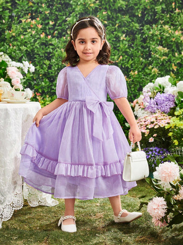 Kids CHARMNG Young Girl's Crossed-Neckline Puff Sleeve Dress With Bow Decorations