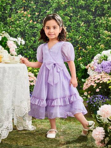 Kids CHARMNG Young Girl's Crossed-Neckline Puff Sleeve Dress With Bow Decorations