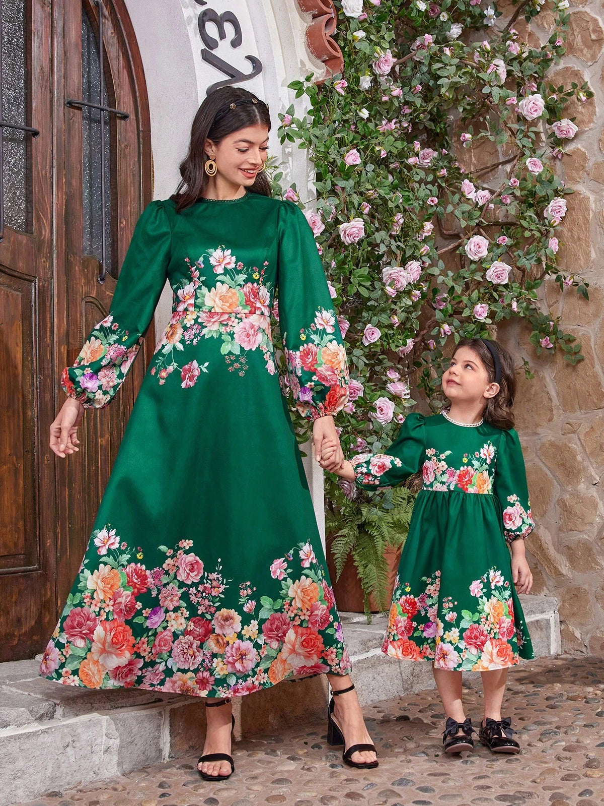 Kids CHARMNG Young Girl's Lace Detail Round Neck 3/4 Sleeve Floral Pattern A-Line Dress With Concealed Zipper At Back
