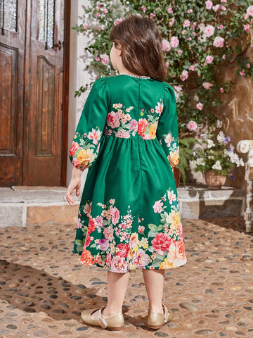 Kids CHARMNG Young Girl's Lace Detail Round Neck 3/4 Sleeve Floral Pattern A-Line Dress With Concealed Zipper At Back