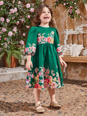 Kids CHARMNG Young Girl's Lace Detail Round Neck 3/4 Sleeve Floral Pattern A-Line Dress With Concealed Zipper At Back