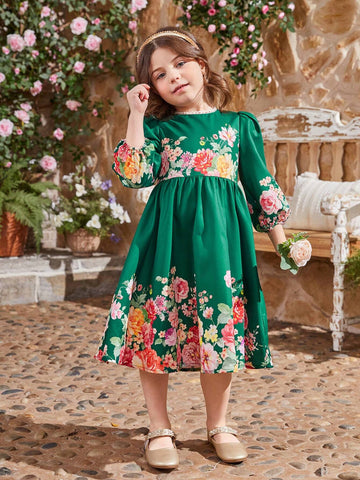 Kids CHARMNG Young Girl's Lace Detail Round Neck 3/4 Sleeve Floral Pattern A-Line Dress With Concealed Zipper At Back