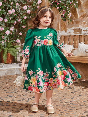 Kids CHARMNG Young Girl's Lace Detail Round Neck 3/4 Sleeve Floral Pattern A-Line Dress With Concealed Zipper At Back