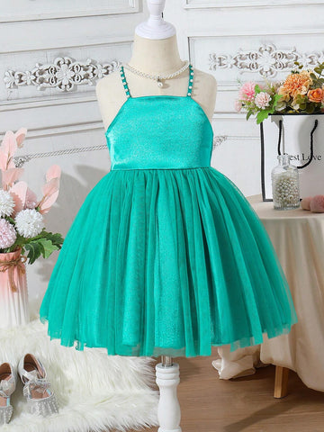 Kids CHARMNG Young Girl's Romantic And Gorgeous Woven Satin & Net Yarn Puff Sleeve Dress For Parties, Spring And Summer