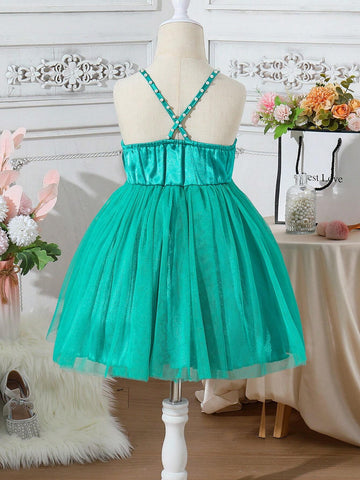 Kids CHARMNG Young Girl's Romantic And Gorgeous Woven Satin & Net Yarn Puff Sleeve Dress For Parties, Spring And Summer