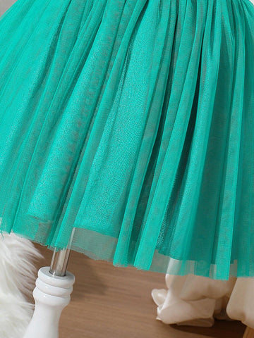 Kids CHARMNG Young Girl's Romantic And Gorgeous Woven Satin & Net Yarn Puff Sleeve Dress For Parties, Spring And Summer
