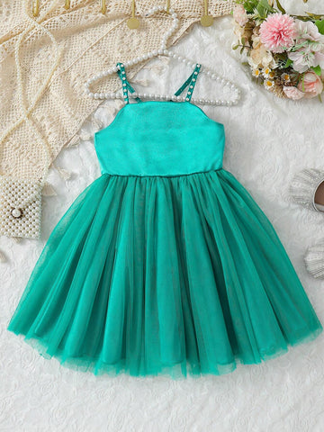 Kids CHARMNG Young Girl's Romantic And Gorgeous Woven Satin & Net Yarn Puff Sleeve Dress For Parties, Spring And Summer