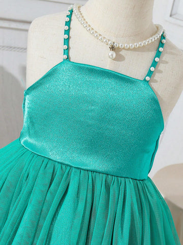 Kids CHARMNG Young Girl's Romantic And Gorgeous Woven Satin & Net Yarn Puff Sleeve Dress For Parties, Spring And Summer