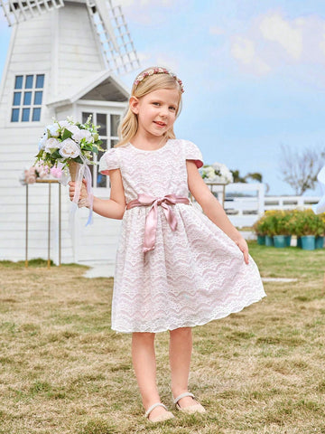 Kids CHARMNG Young Girl's Romantic Eyelash Lace Short Sleeve Sweet Dress