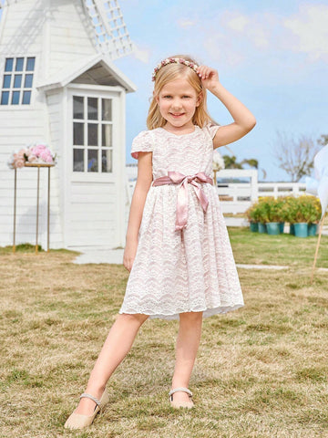 Kids CHARMNG Young Girl's Romantic Eyelash Lace Short Sleeve Sweet Dress