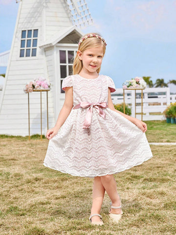 Kids CHARMNG Young Girl's Romantic Eyelash Lace Short Sleeve Sweet Dress