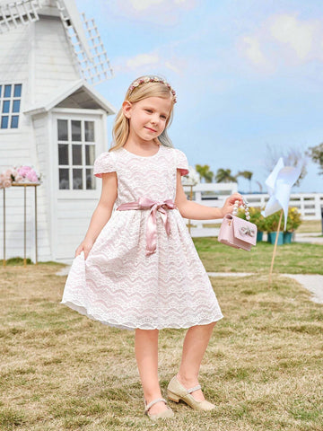 Kids CHARMNG Young Girl's Romantic Eyelash Lace Short Sleeve Sweet Dress