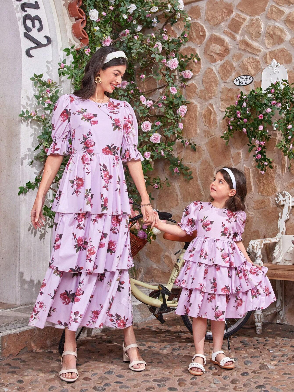 Kids CHARMNG Young Girl's Round Neck Puff Sleeve Triple Layered Dress With Flower Pattern, Mommy & Me Matching Outfits (