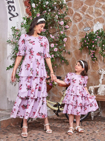 Kids CHARMNG Young Girl's Round Neck Puff Sleeve Triple Layered Dress With Flower Pattern, Mommy & Me Matching Outfits (