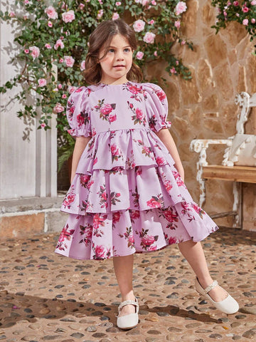 Kids CHARMNG Young Girl's Round Neck Puff Sleeve Triple Layered Dress With Flower Pattern, Mommy & Me Matching Outfits (
