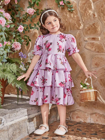 Kids CHARMNG Young Girl's Round Neck Puff Sleeve Triple Layered Dress With Flower Pattern, Mommy & Me Matching Outfits (