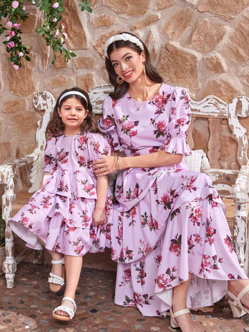 Kids CHARMNG Young Girl's Round Neck Puff Sleeve Triple Layered Dress With Flower Pattern, Mommy & Me Matching Outfits (
