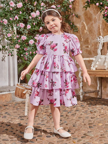 Kids CHARMNG Young Girl's Round Neck Puff Sleeve Triple Layered Dress With Flower Pattern, Mommy & Me Matching Outfits (