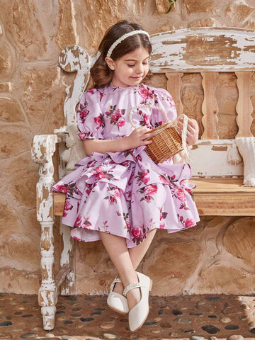 Kids CHARMNG Young Girl's Round Neck Puff Sleeve Triple Layered Dress With Flower Pattern, Mommy & Me Matching Outfits (