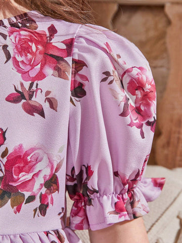 Kids CHARMNG Young Girl's Round Neck Puff Sleeve Triple Layered Dress With Flower Pattern, Mommy & Me Matching Outfits (