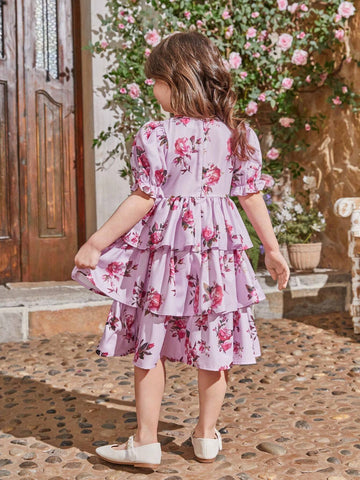 Kids CHARMNG Young Girl's Round Neck Puff Sleeve Triple Layered Dress With Flower Pattern, Mommy & Me Matching Outfits (