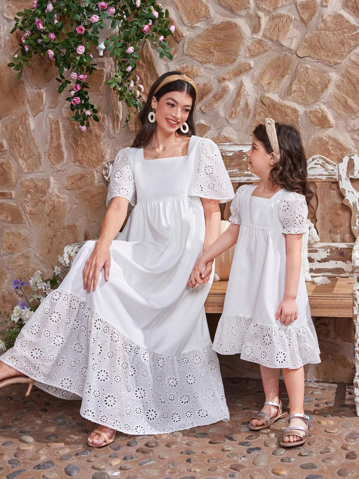 Kids CHARMNG Young Girls' Square Collar Hollowed Out Lace Trim Bubble Sleeve Ruffled Hem Dress, Mommy And Me Matching Outfits (2 Pieces Are Sold Separately)