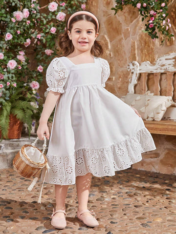 Kids CHARMNG Young Girls' Square Collar Hollowed Out Lace Trim Bubble Sleeve Ruffled Hem Dress, Mommy And Me Matching Outfits (2 Pieces Are Sold Separately)