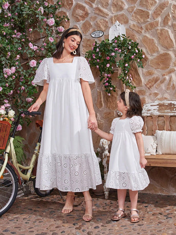 Kids CHARMNG Young Girls' Square Collar Hollowed Out Lace Trim Bubble Sleeve Ruffled Hem Dress, Mommy And Me Matching Outfits (2 Pieces Are Sold Separately)
