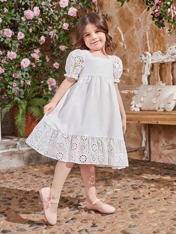 Kids CHARMNG Young Girls' Square Collar Hollowed Out Lace Trim Bubble Sleeve Ruffled Hem Dress, Mommy And Me Matching Outfits (2 Pieces Are Sold Separately)