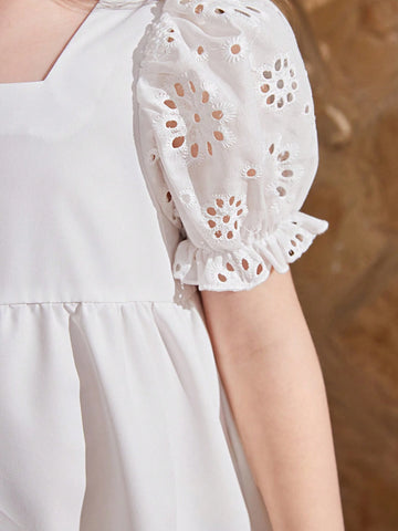 Kids CHARMNG Young Girls' Square Collar Hollowed Out Lace Trim Bubble Sleeve Ruffled Hem Dress, Mommy And Me Matching Outfits (2 Pieces Are Sold Separately)
